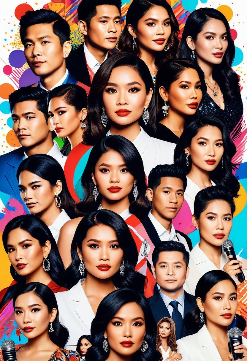 An eclectic collage featuring glamorous Filipino celebrities with dramatic expressions, surrounded by vivid symbols of gossip like microphones, chat bubbles, and trending hashtags. In the background, a blurred film premiere setting with flashing cameras and adoring fans, representing the world of scandal and fame. Use bold colors and dynamic angles to evoke excitement and intrigue. vibrant colors. super-realistic.
