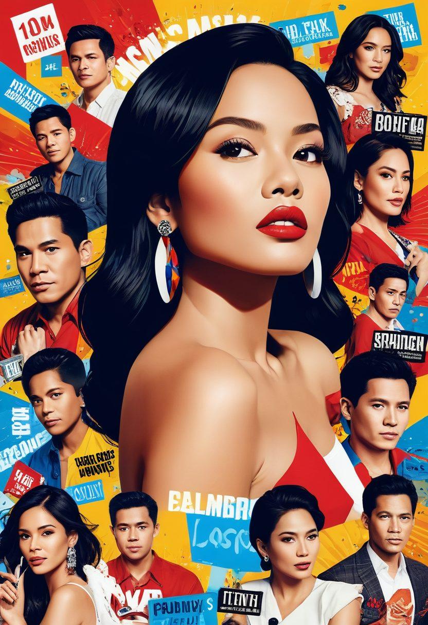 A vibrant collage of Filipino celebrities surrounded by attention-grabbing headlines and social media icons depicting controversies and scandals. Incorporate elements like a spotlight illuminating a glamorous yet dramatic scene, with the Philippine flag color palette. Include stylized details like bold font text bubbles and gossip magazines in the background. the overall atmosphere should feel electrifying and engaging. vector art. vibrant colors.